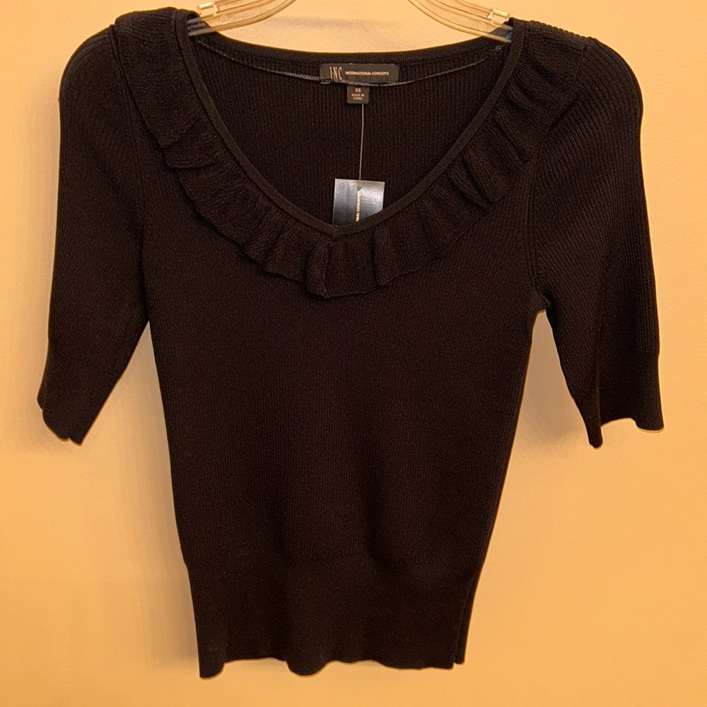 INC International Concepts X Small Short Sleeve Sweater - In Full Bloom - Black